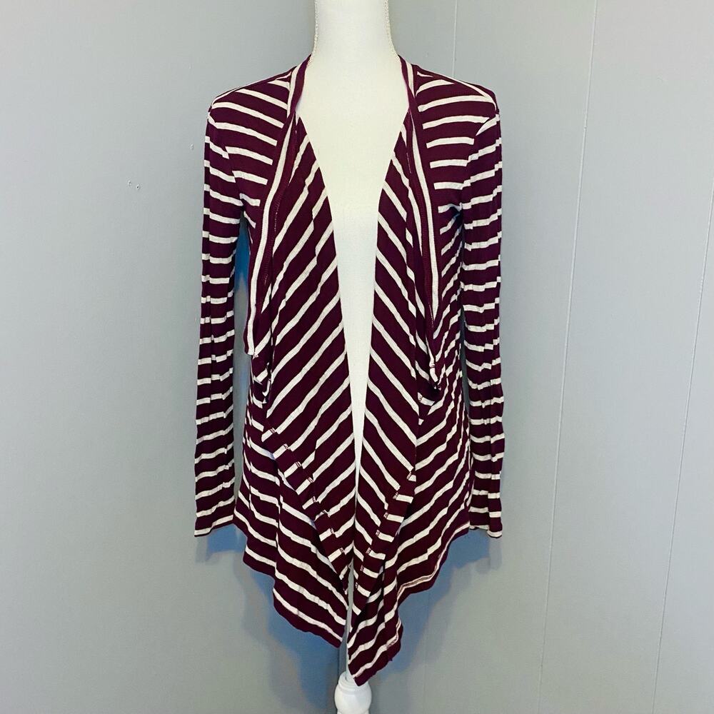 Juniors So Waterfall Open Front Cardigan Burgundy Red & White Stripes